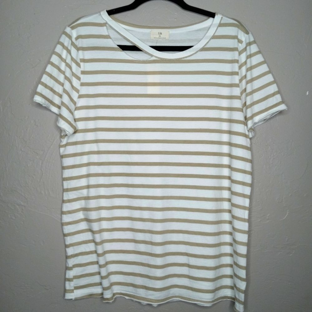 Anthropologie t.la Tan and White Stripe Tee with Side Neck Cutout